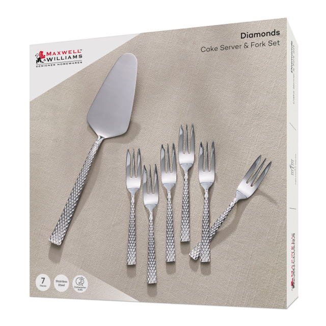 Maxwell & Williams Diamonds Stainless Steel Cake Server & Fork Set, 7-Piece packaging