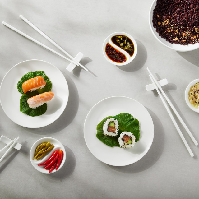 Maxwell & Williams White Basics Porcelain Chopstick Entertainment Set, 12-Piece on the table with food