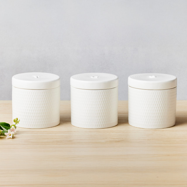 Maxwell & Williams White Basics Diamonds Porcelain Canisters, Set of 3 on the table
