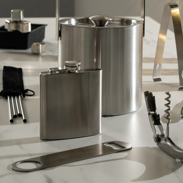 Dalton & Turner Stainless Steel Hip Flask on the table