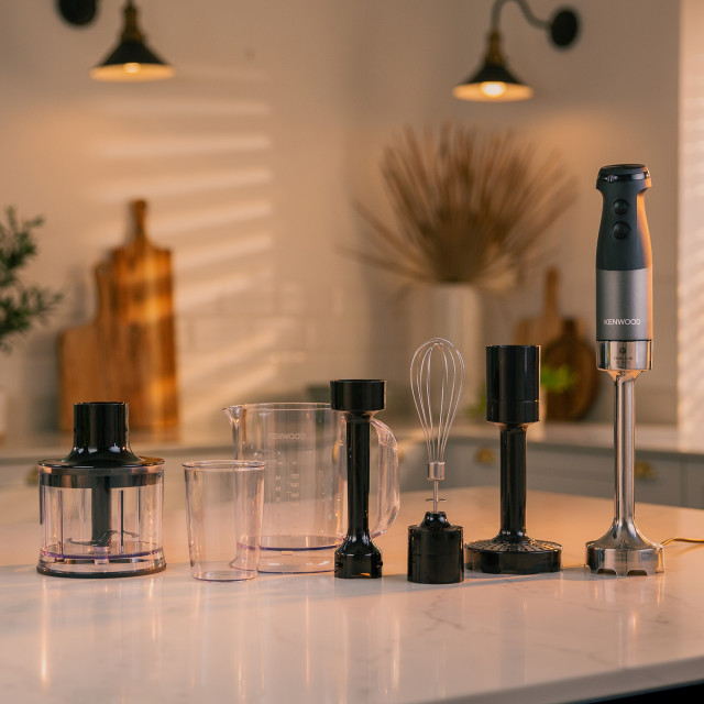 Kenwood Triblade XL Pro Hand Blender Plus Accessories, HBM80.327BK on the table