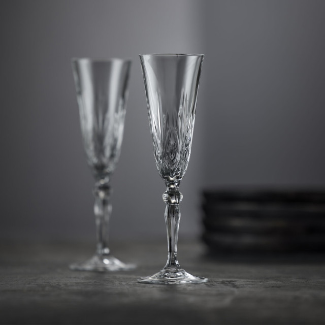 Lyngby Melodia Lead-Free Crystal Champagne Glasses, Set of 4 on the table