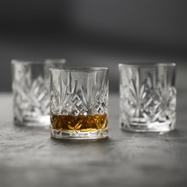 Lyngby Melodia Lead-Free Crystal Whisky Glasses, Set of 6 on the table