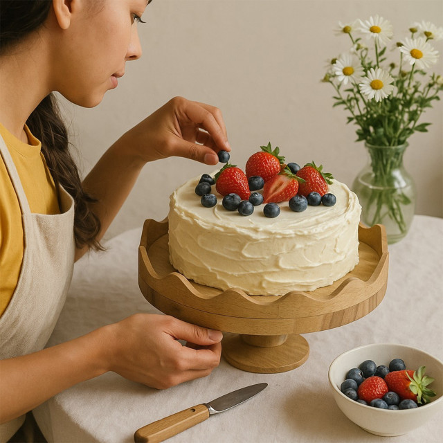 Nicolson Russell Scalloped Wooden Cake Stand, 30cm with a cake