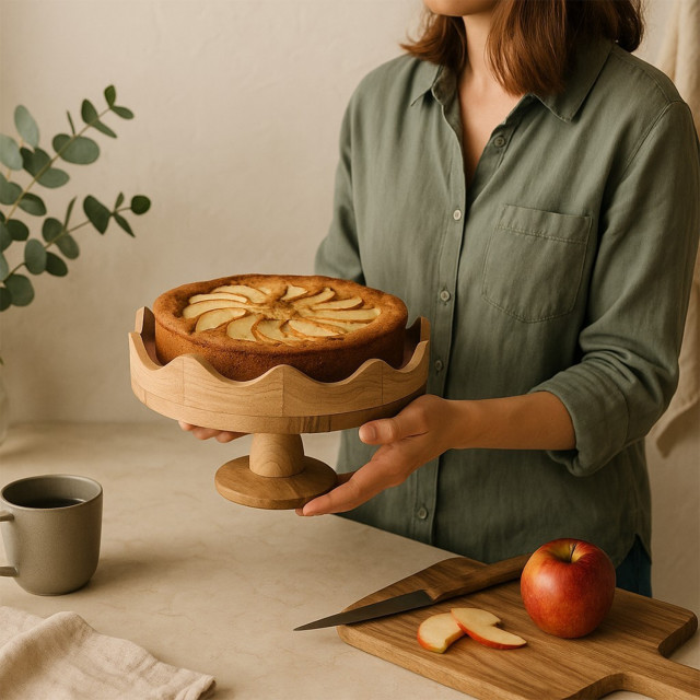 Nicolson Russell Scalloped Wooden Cake Stand, 30cm with a cake
