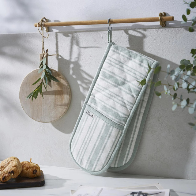 Ulster Weavers Sage Stripe Double Oven Glove on a hanger