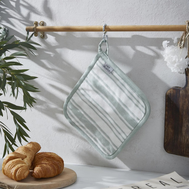 Ulster Weavers Sage Stripe Pot Holder on a hanger
