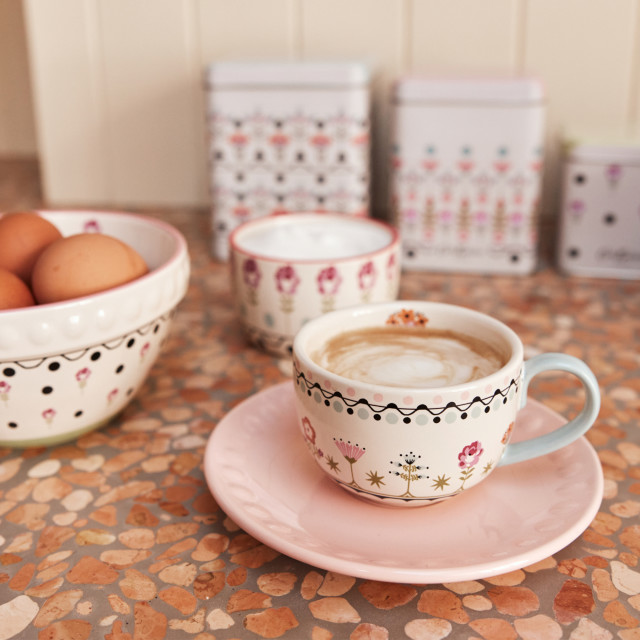 Cath Kidston Painted Table Teacup & Saucer Set with coffee on the table