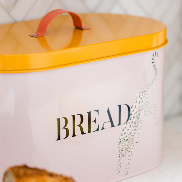 Yvonne Ellen Cheetah Bread Bin, 34cm on the kitchen counter