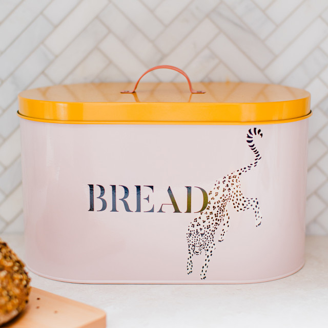 Yvonne Ellen Cheetah Bread Bin, 34cm on the kitchen counter