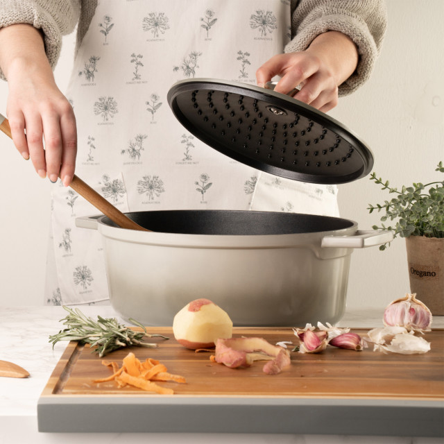 Mary Berry At Home Acacia Wood Chopping Board, 48cm with potatoes