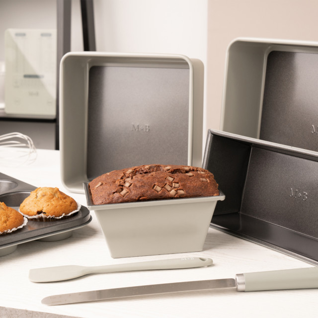 Mary Berry At Home Non-Stick Loaf Tin with baked chocolate loaf