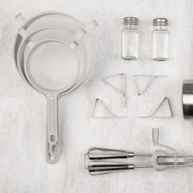 Just The Thing Mesh Sieves, Set of 3 on the kitchen counter with other kitchen tools