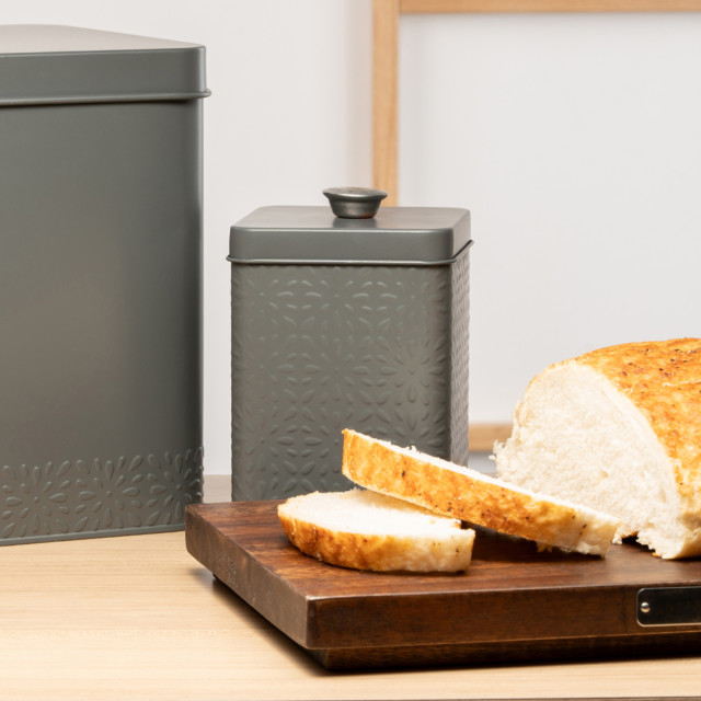 Artisan Street Embossed Storage Canister - Grey with bread on the counter