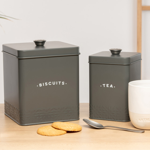 Artisan Street Biscuit Storage Canister - Grey with biscuits on the counter