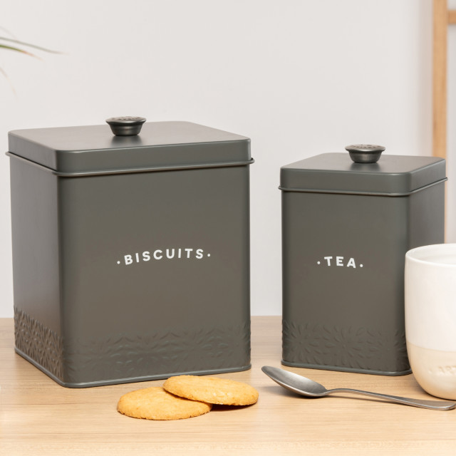 Artisan Street Tea Storage Canister - Grey on the table with cookies