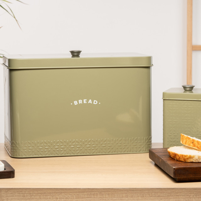 Artisan Street Bread Storage Bin - Green on the counter