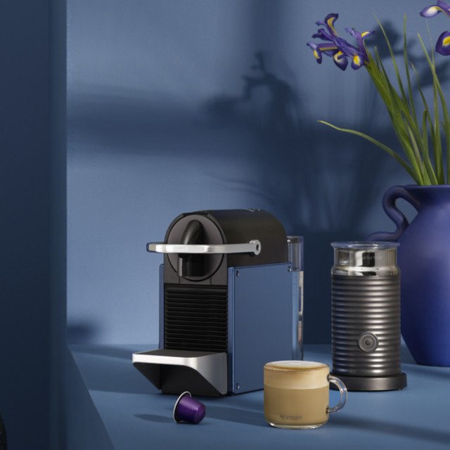 Nespresso Pixie Espresso Machine - Dark Blue with coffee