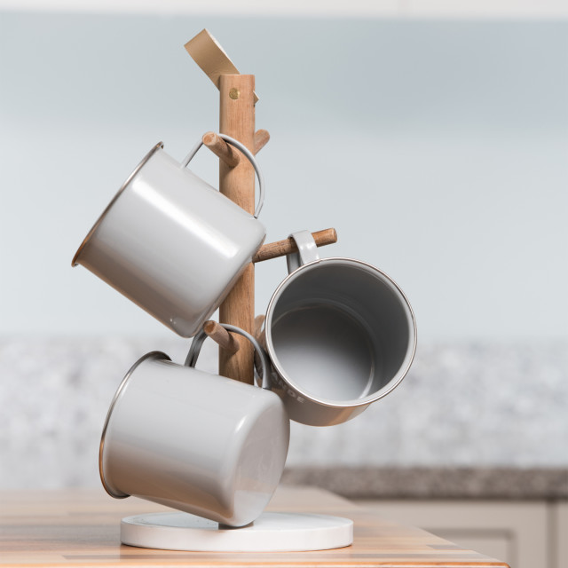 Kitchen Pantry Acacia & Marble Mug Tree Holder with mugs