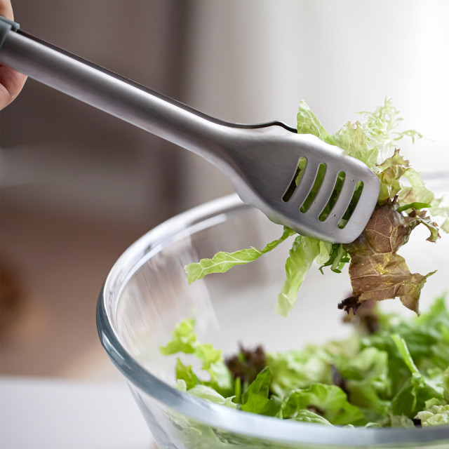 Kitchen Inspire Stainless Steel Tongs with green salad