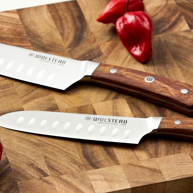 Wolstead Estate Santoku Knife, 14cm with tomatoes on a chopping board