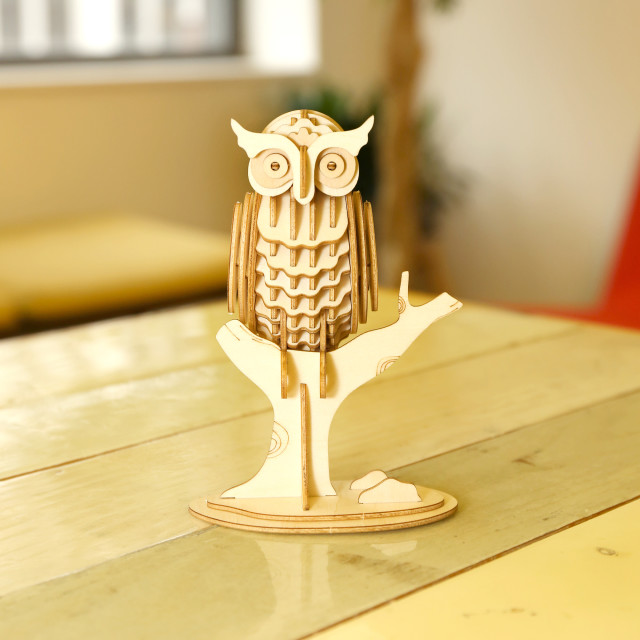Kikkerland 3D Wooden Mini Owl Puzzle on the table