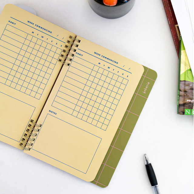 Kikkerland Habit Tracker Notebook opened on the table
