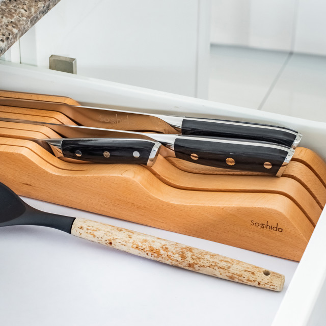 Soshida Knife Drawer Holder with knives in a drawer