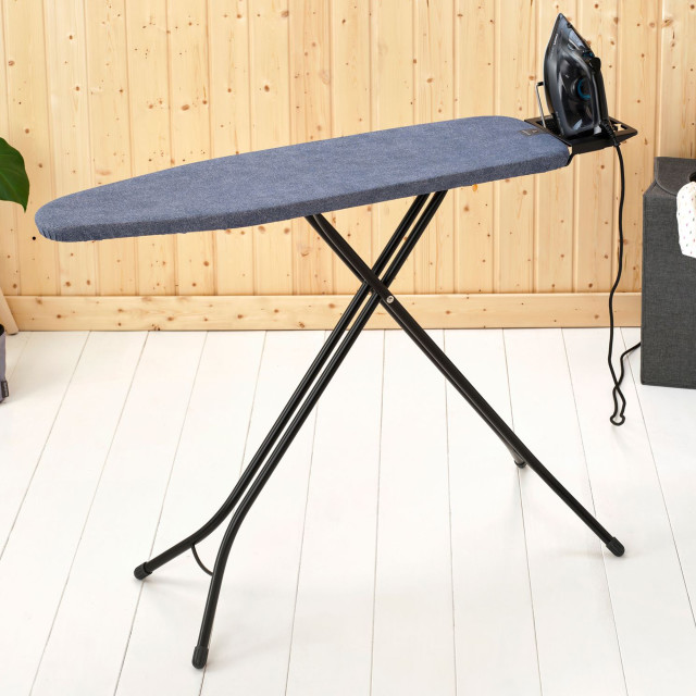 Brabantia  Denim Blue Ironing Board with Steam Iron Rest, 110cm x 30cm with an iron