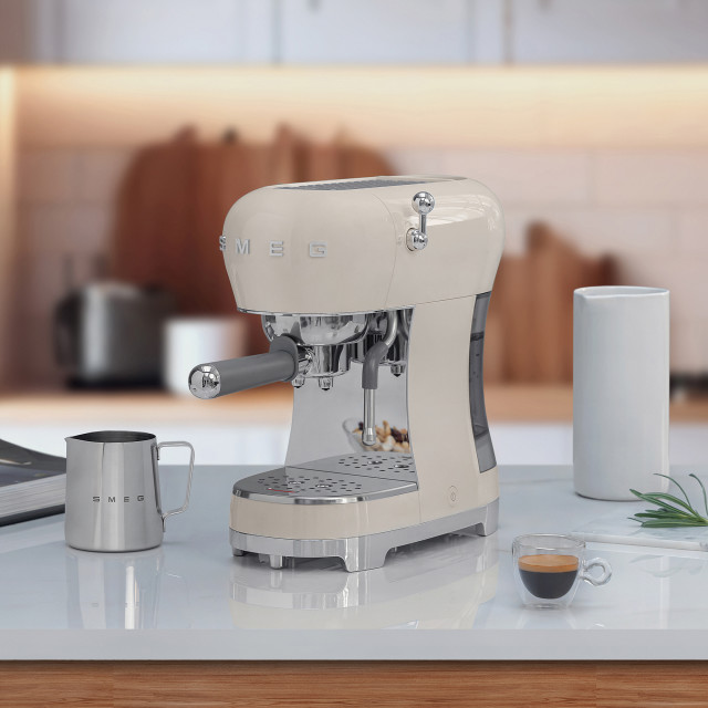 Smeg Retro Manual Espresso Coffee Machine - Vintage Cream on the kitchen counter
