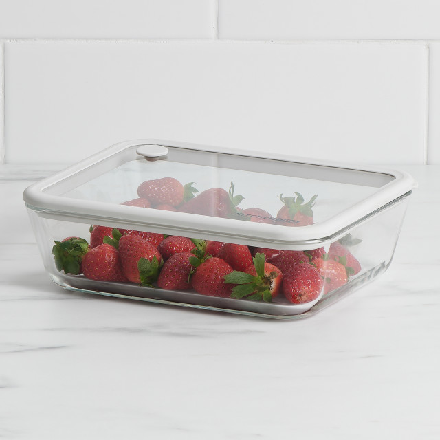 Kitchen Pro Airlock Rectangular Glass Container - 1.5L with strawberries on the kitchen counter
