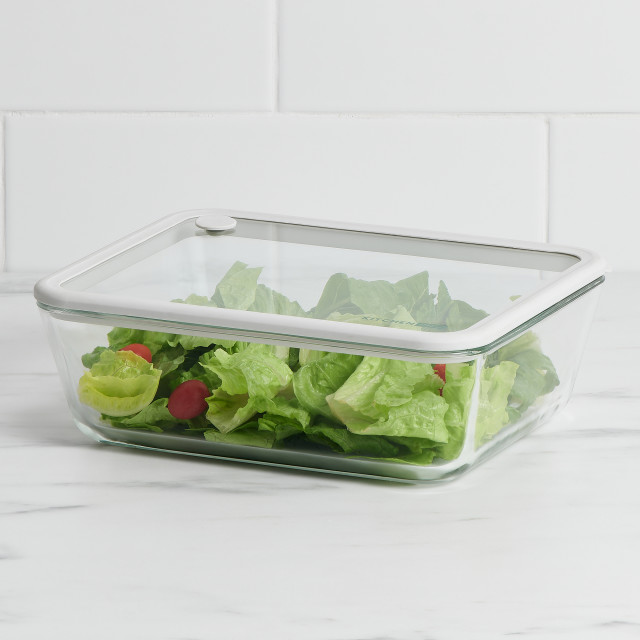 Kitchen Pro Airlock Rectangular Glass Container - 2.6L with green salad on the kitchen counter