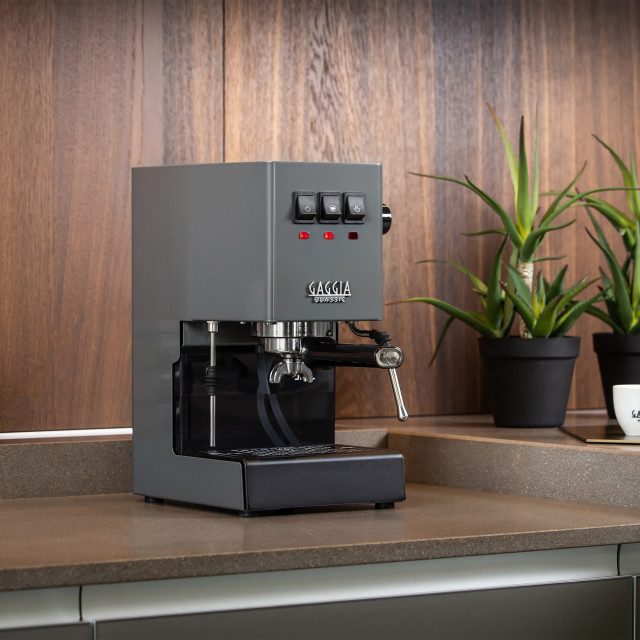 Gaggia E24 Classic Manual Espresso Coffee Machine - Grey on the countertop