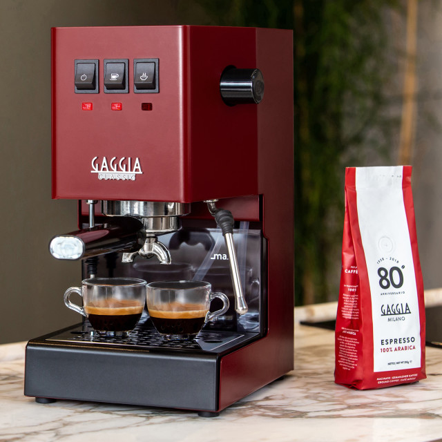 Gaggia E24 Classic Manual Espresso Coffee Machine - Red with coffee cups