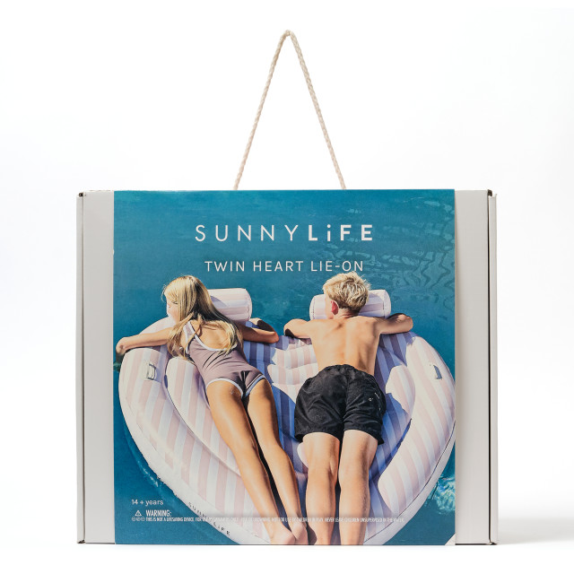 Sunnylife Twin Heart Lie-On Float - Stole My Heart Pink Stripe packaging