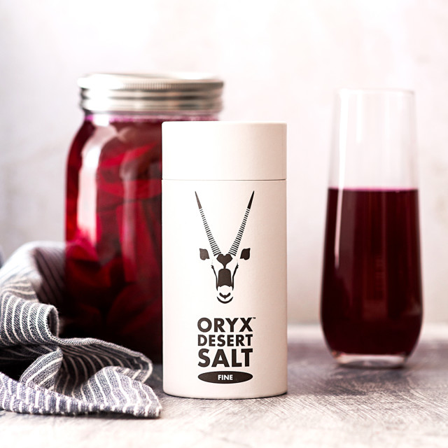 Oryx Desert Salt Fine Oryx Desert Salt in Biodegradable Shaker on the table