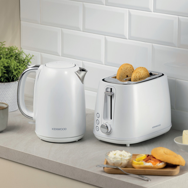 Kenwood Elementa Stainless Steel 2-Slice Toaster, 930W - White with a kettle on the kitchen counter