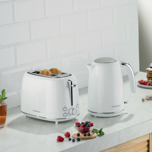 Kenwood Eterna 2-Slice Toaster, 930W - White on the kitchen counter with a kettle