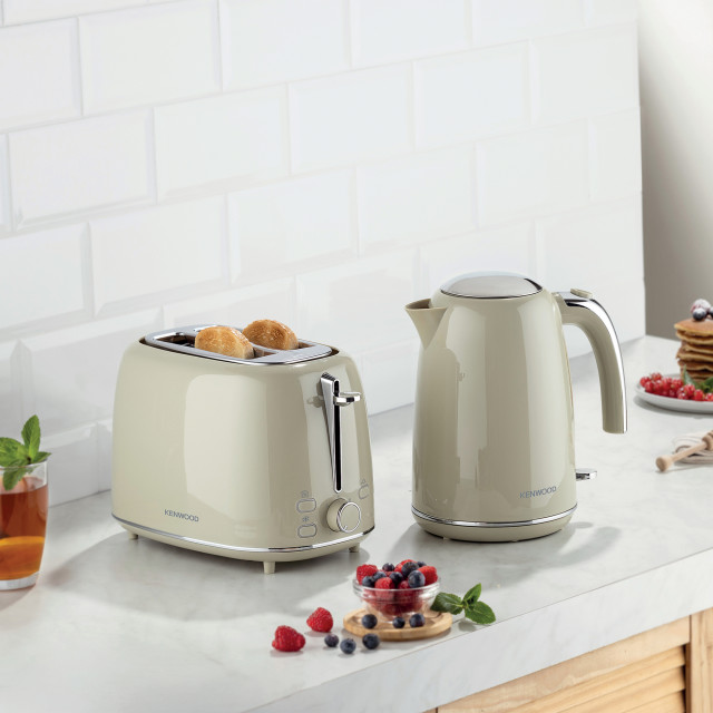 Kenwood Eterna 2-Slice Toaster, 930W - Beige with a kettle on the kitchen counter