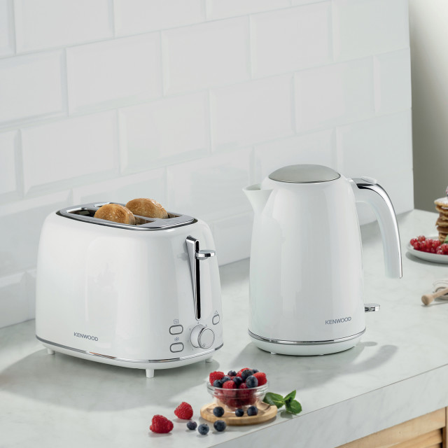 Kenwood Eterna Cordless Electric Kettle, 1.7L - White with a toaster on the kitchen counter