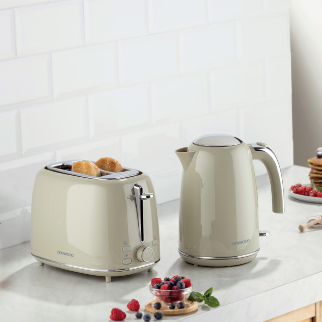 Kenwood Eterna Cordless Electric Kettle, 1.7L - Beige with a toaster on the kitchen counter