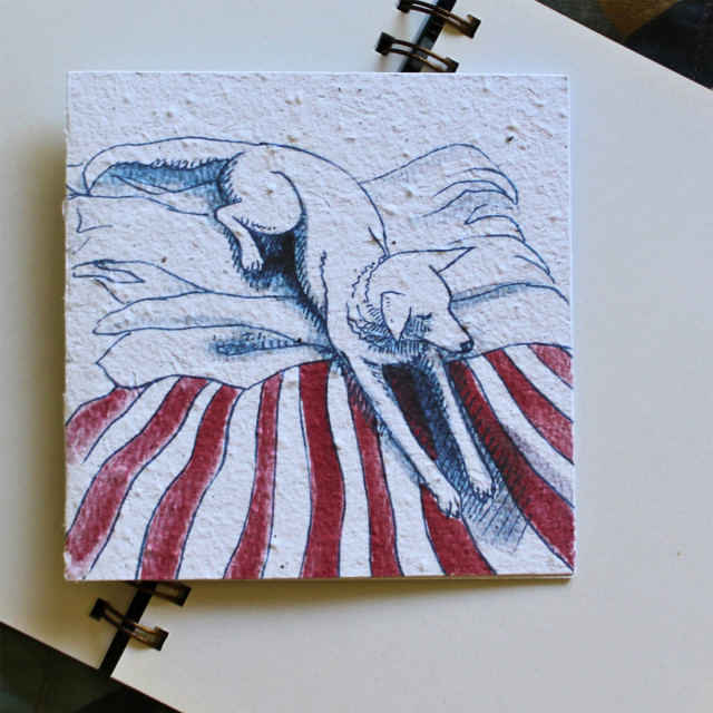 Growing Paper Dog On The Bed Greeting Card on a book showing scale