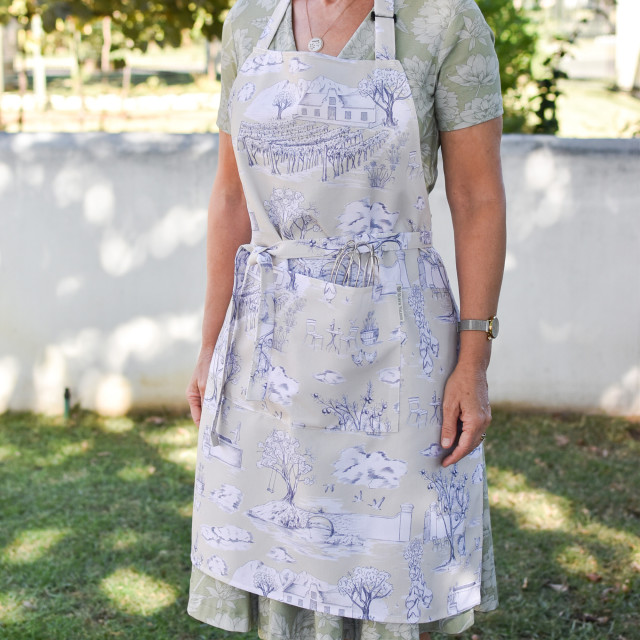 DSA Robyn Valerie Toile Du Cap Full Bib Apron - Blue worn