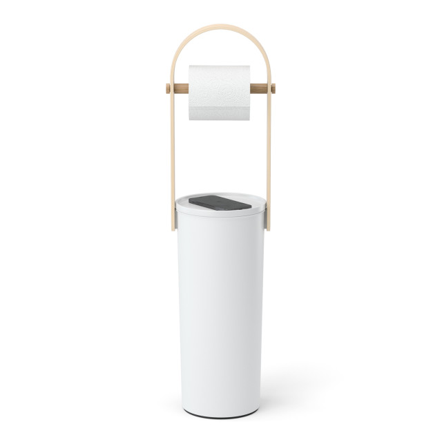 Umbra Bellwood Toilet Paper Stand - White & Natural angle with toilet paper