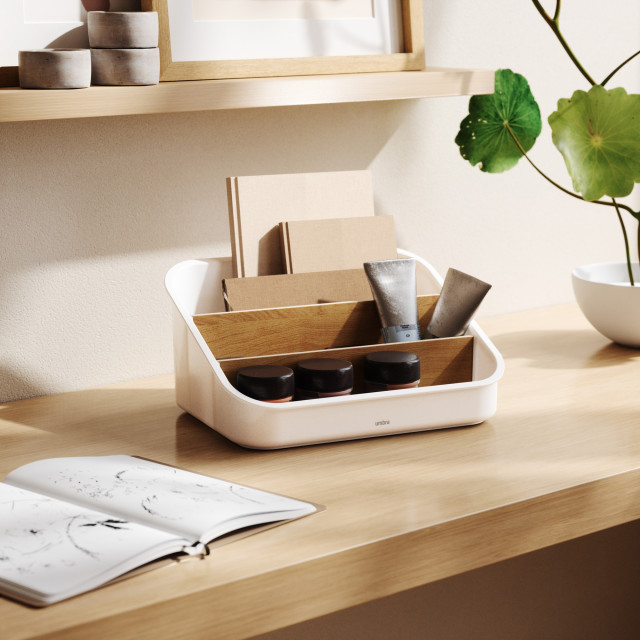 Umbra Bellwood Organiser - White & Natural with paint tubes and note books on a desk