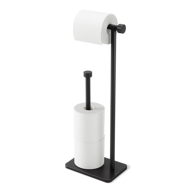 Umbra Cappa Toilet Paper Holder & Reserve - Black angle with toilet paper