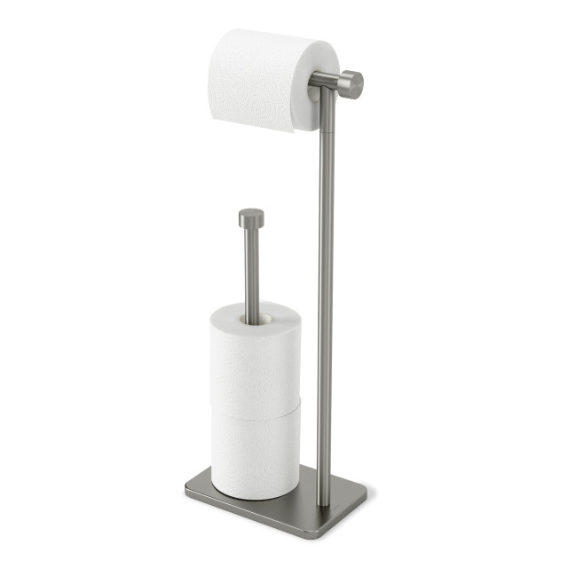 Umbra Cappa Toilet Paper Holder & Reserve - Nickel angle with toilet paper