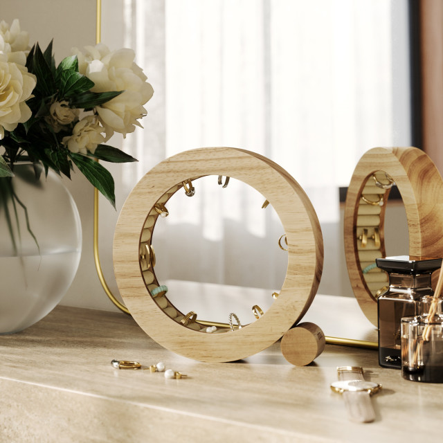 Umbra Ferris Ring Holder - Natural on a dressing table with rings