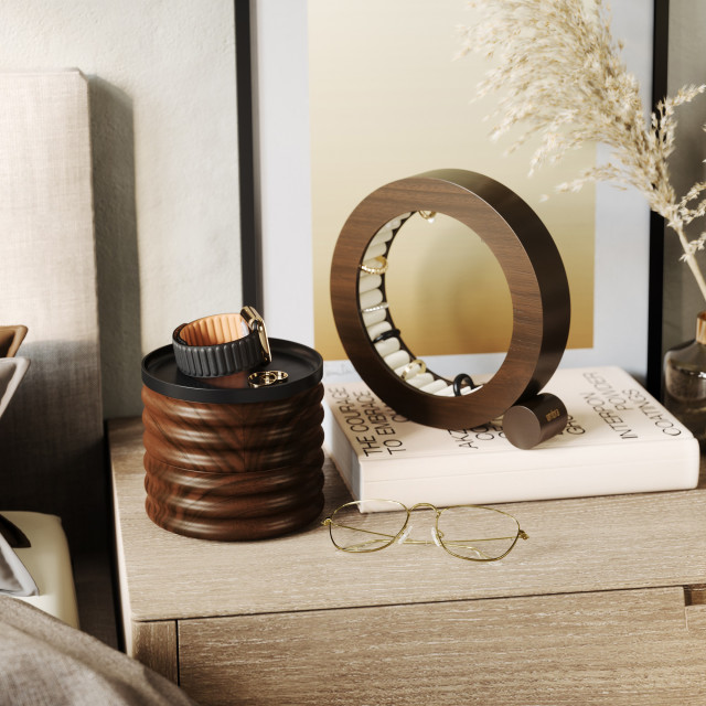Umbra Tesora Wood Storage Box - Black & Walnut on a side table