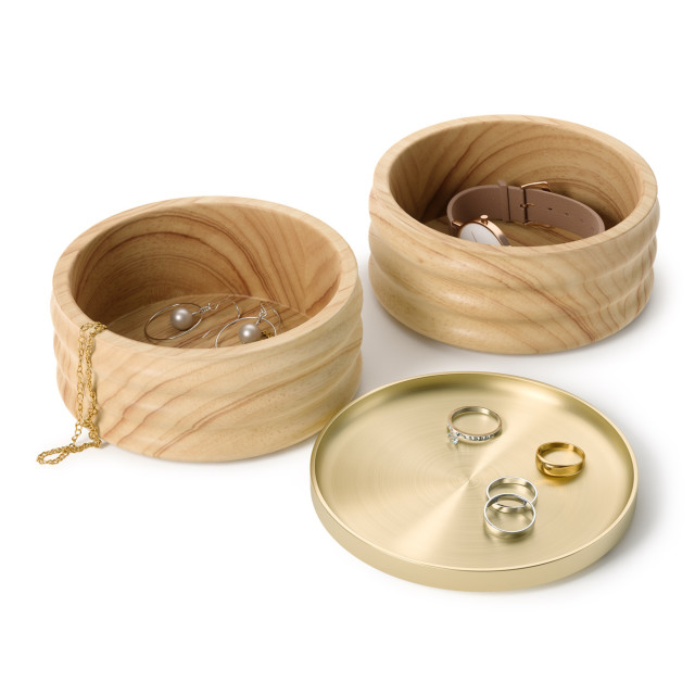 Umbra Tesora Wood Storage Box - Natural & Brass angle with jewellery